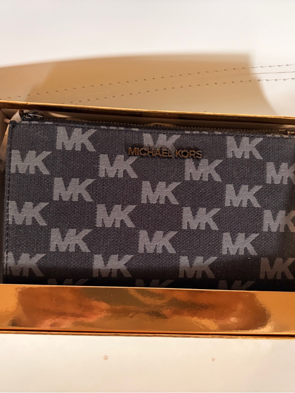 Michael Kors Gray MK Signature Zip Wristlet with Gold Logo